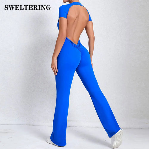 Women's Tracksuit Yoga Set Backless Jumpsuits Back V One Piece Fitness Rompers Short Sleeves Sportswear Gym Set Workout Clothes
