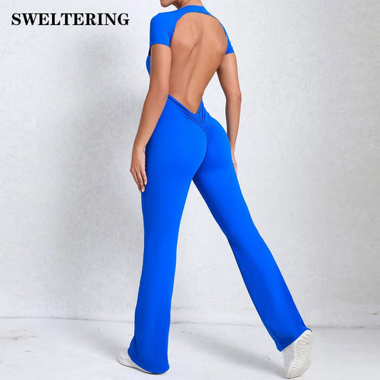 Women's Tracksuit Yoga Set Backless Jumpsuits Back V One Piece Fitness Rompers Short Sleeves Sportswear Gym Set Workout Clothes