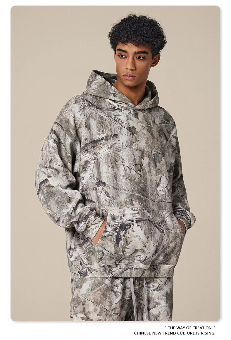 Custom LOGO men's new 340G heavy autumn and winter American camouflage fleece hooded sweatshirt jacket shorts set