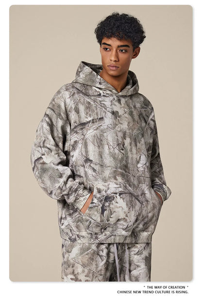 Custom LOGO men's new 340G heavy autumn and winter American camouflage fleece hooded sweatshirt jacket shorts set