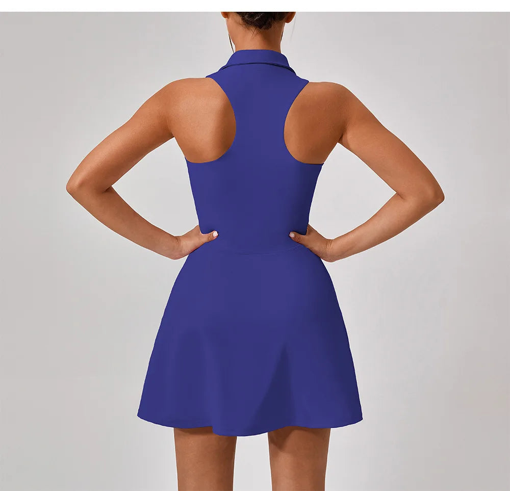 Women's Tennis Dress Women Turn Down Collar Front Zipper 2-in-1 Golf Sports Tight Dress Fitness Workout Running Pocket Skort