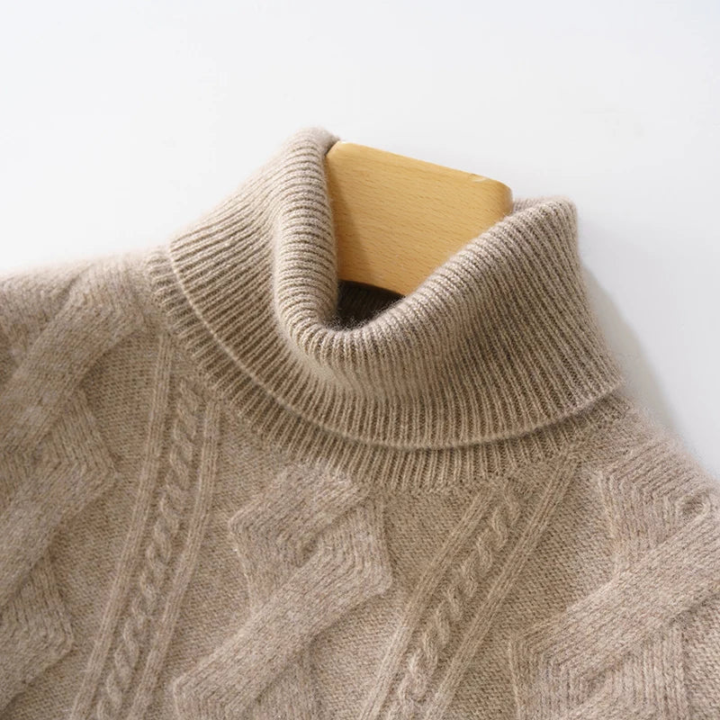100% Merino Wool Solid Color Turtleneck Cable-Knit Sweater Long Sleeves Pullover Cashmere Men Soft Comfortable Warm Clothing Top