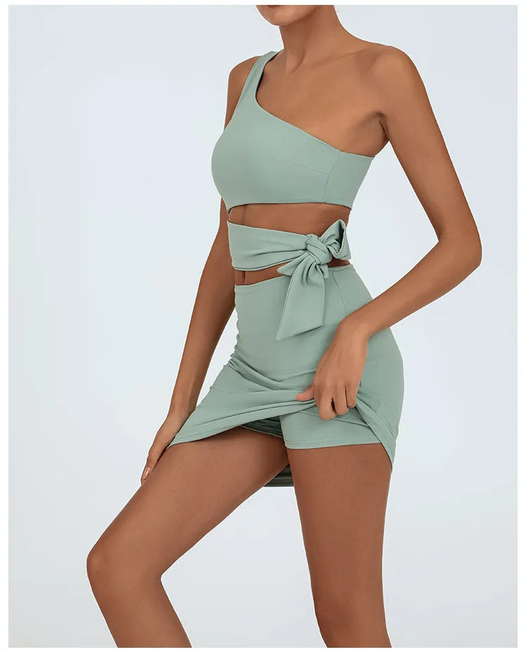 Tennis Dress Women Golf One Shoulder Hollow Out Bandage Slim Fit Fitness Tennis Short Skrit Badminton Dress One-Pieces Yoga Set