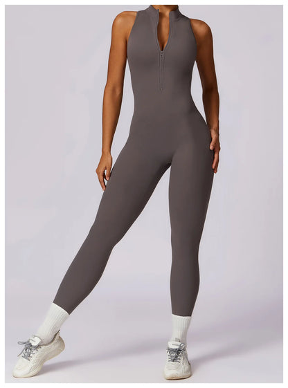 Summer V Back One-piece Suit Women Sports Jumpsuit Zippers Yoga Rompers Backless Sportswear Women Sleeveles Workout Bodysuits