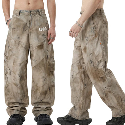 Custom LOGO men's 270G pure cotton high street retro casual pants scimitar denim texture mud yellow old loose wide-leg pants