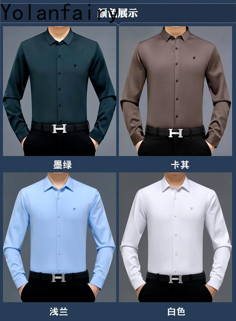 YOLANFAIRY 100% Mulberry Silk Long Sleeve Shirt Man Spring Autumn Casual Silk Mens Shirts Warm Male White Shirt chemises hommes