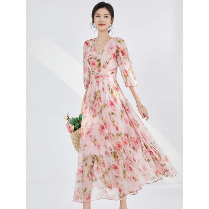 YOLANFAIRY 100% Real Silk Floral Dresses Woman Summer Clothes Elegant Mulberry Silk Pink Dress Romantic Women's Birthday Dress