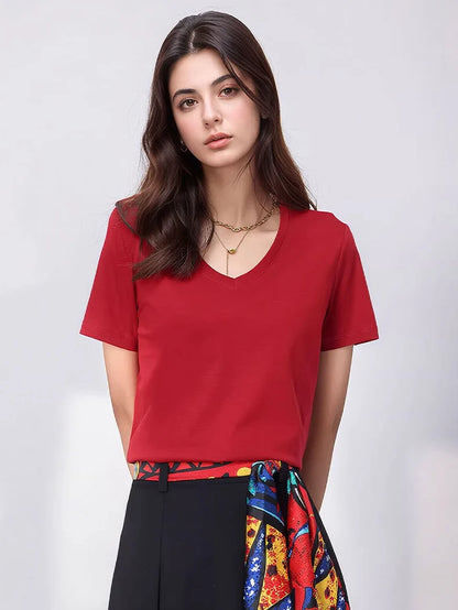 SuyaDream Women Solid T shirts, Silk Cotton Blend, O Neck, Short Sleeved Solid Tee,2025 Summer Candy Colors Basic Cozy Top Green