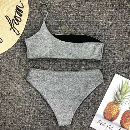 Shiny Glitter Sparkling High Waist Bikini Female Swimsuit Women Swimwear Two-pieces Bikini set One Shoulder Bathing Suit V1264