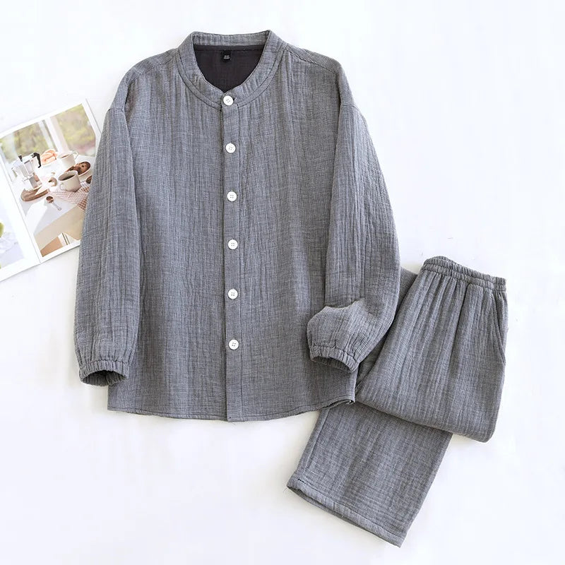 2026 Spring and Autumn New Couple Pajama Set 100% Pure Cotton Crepe Cloth Men's and Women's Stand up Neck Simple Home Clothing