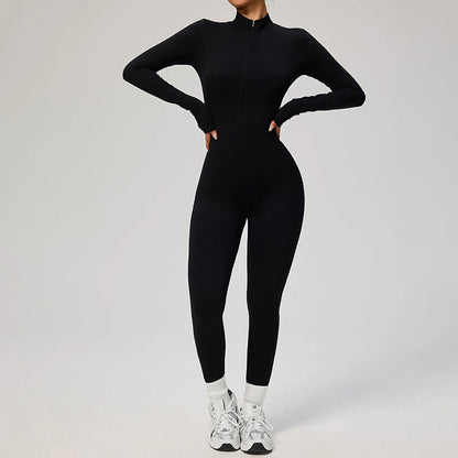 TRY TO BN Women's Jumpsuit Long Sleeve Zipper Shapewear Bodysuit Yoga Fitness One Piece Tights Gym Clothing Mono Deportivo Mujer
