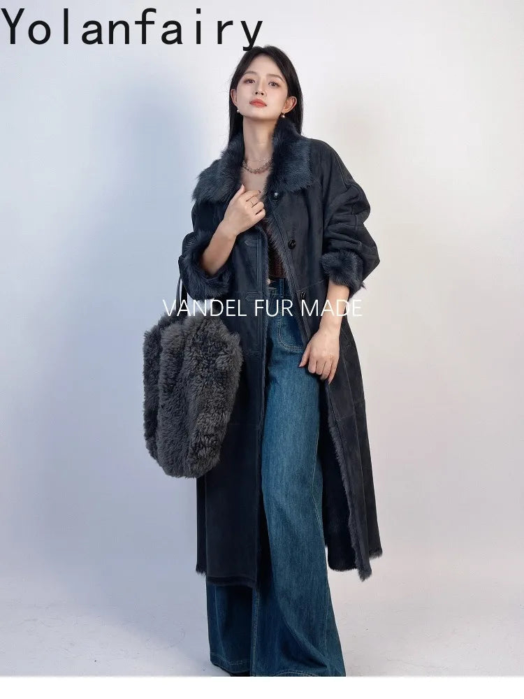 YOLANFAIRY Real Goatskin Leather Fur Coats for Women Winter High-end Natural Fur Coat Lazy Style Long Leather Jacket Luxury Wear