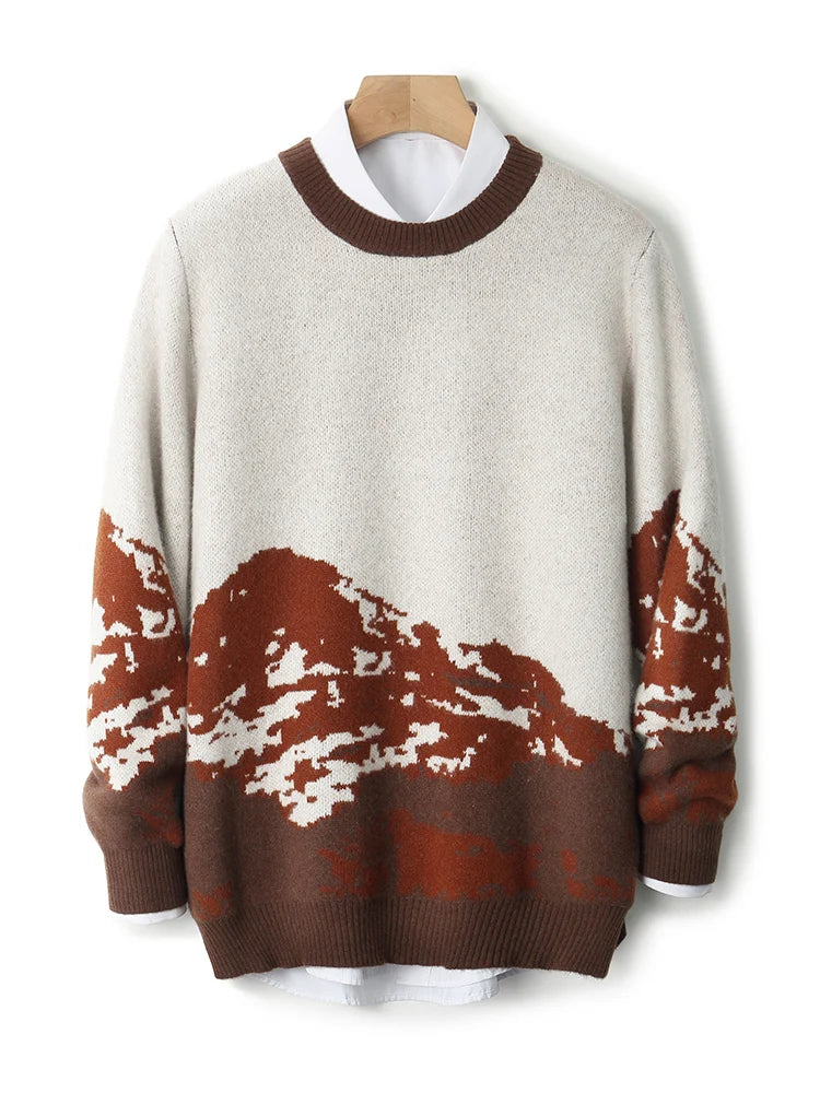 Autumn/Winter New 100% Merino Wool Knit Sweater Men's O-Neck Color Block Cashmere Pullover Business Casual Thick Long-Sleeved