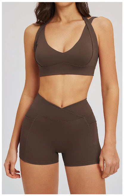 TRY TO BN Women's Tracksuit Shorts Sports Gym Set Halter Neck Fitness Cross Waisted Short Running Two Pieces Suits Yoga Clothing