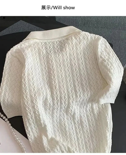 Ice Silk Polo Shirt Knitted Short Sleeve T-Shirt Summer Chic Thin Unique Jacquard Women Tops 2026 Korean Style Women’s Clothing