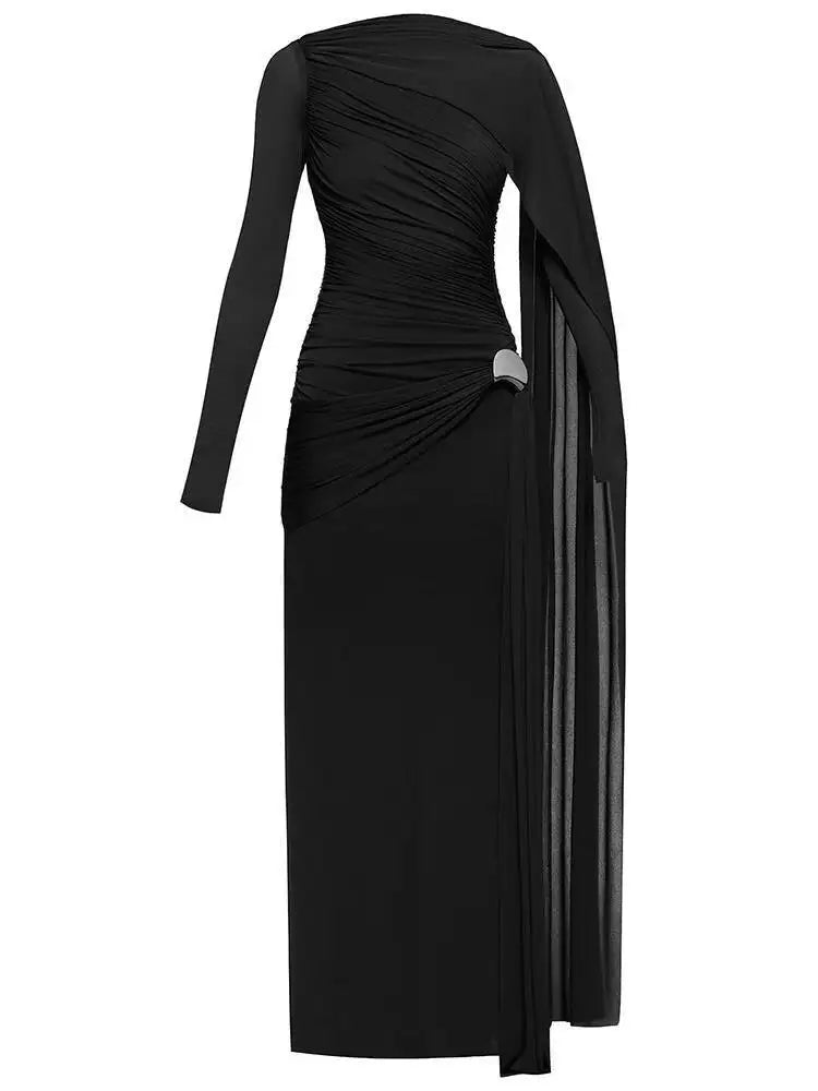 DEAT Fashion Brown Asymmetric Pleated Minimalist Dress Women's Round Neck Slim Fit Long Sleeves Ankle-length Dresses New