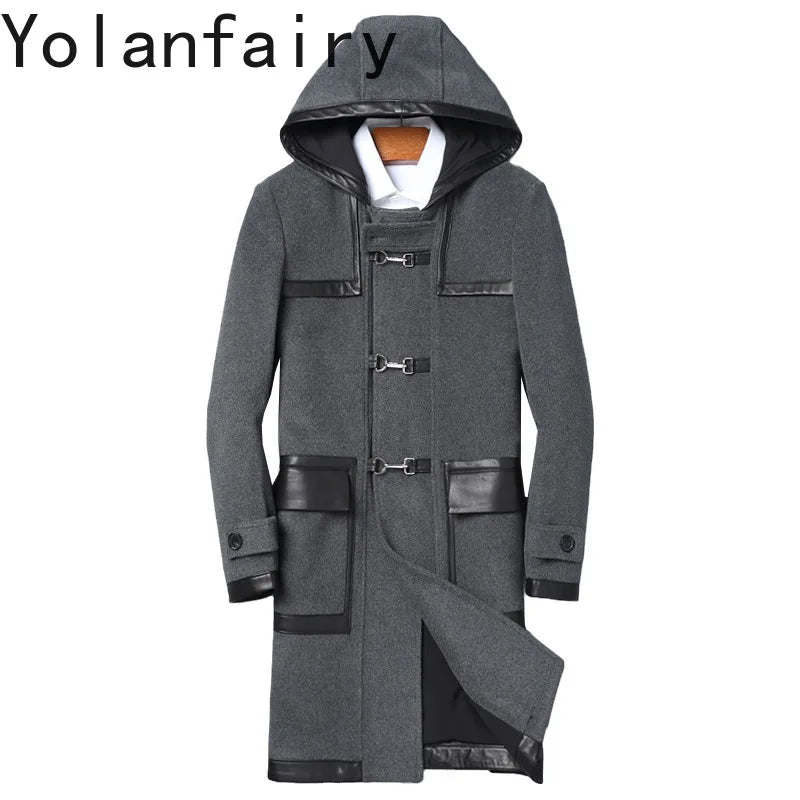 YOLANFAIRY Luxury Woolen Jackets for Man Autumn Winter Mid-length Pure Wool Patchwork Sheepskin Trench Coat Hooded Mens Jacket