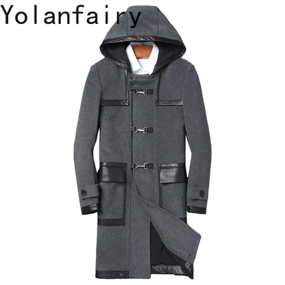 YOLANFAIRY Luxury Woolen Jackets for Man Autumn Winter Mid-length Pure Wool Patchwork Sheepskin Trench Coat Hooded Mens Jacket