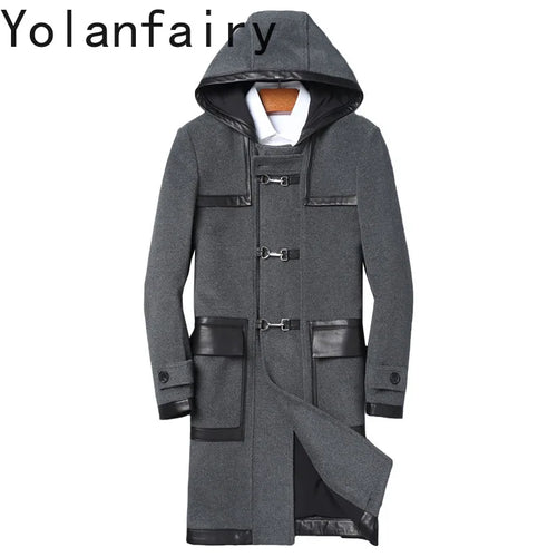 YOLANFAIRY Luxury Woolen Jackets for Man Autumn Winter Mid-length Pure Wool Patchwork Sheepskin Trench Coat Hooded Mens Jacket