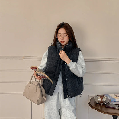 Short Down cotton Vest Women's 2025 Korean Fashion New Stand-up Sleeveless Zipper Student Vest Jacket Black Gray Waistcoat Tide