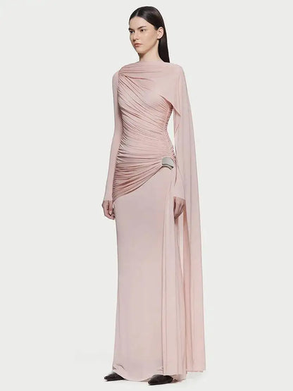 DEAT Fashion Brown Asymmetric Pleated Minimalist Dress Women's Round Neck Slim Fit Long Sleeves Ankle-length Dresses New