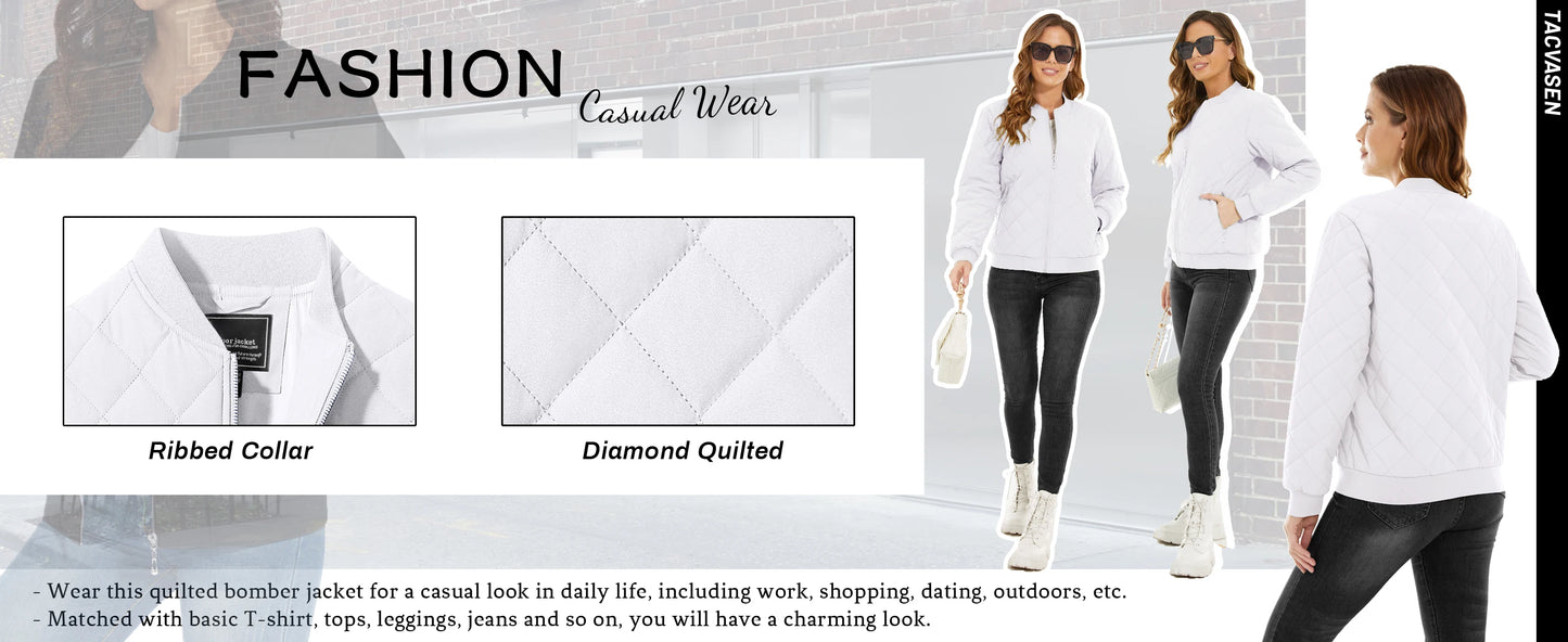 TACVASEN Padded Warm Jackets Womens Fashion Retro Pilot bomber Jackets Diamond Quilted Coats Full Zip Up Pockets Casual Outwear