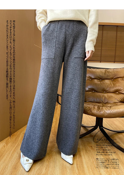 DjzDsm Women's Autumn Spring Knitted Floor-Length Wide Leg Pants 100% Merino Wool Long Trousers