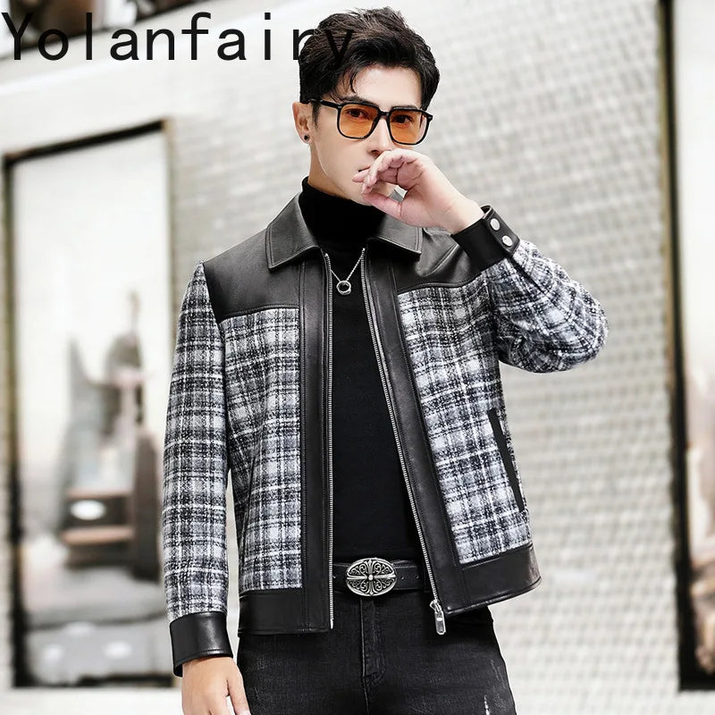 YOLANFAIRY Plaid Wool Spliced Genuine Sheepskin Jacket for Man Spring Autumn Short Woolen Coat Turn Down Collar abrigo hombre