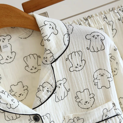 2026 New Spring and Autumn Women's Pajama Set 100% Cotton Crepe Cute Long sleeved Pants Two piece Printed Loose Home Fury
