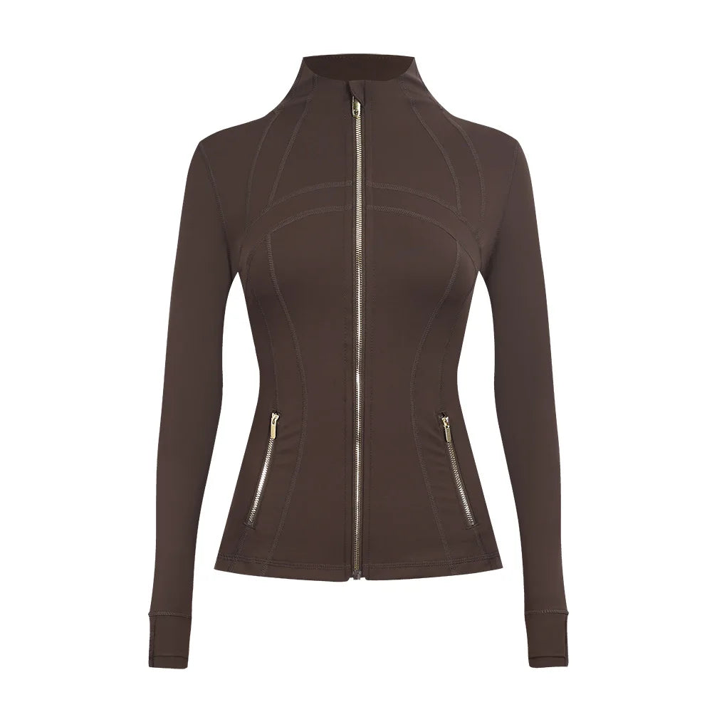 Personalized LOGO custom women's gold zip jacket tight stand-up collar quick-drying fitness running yoga suit 41-color S-3XL top