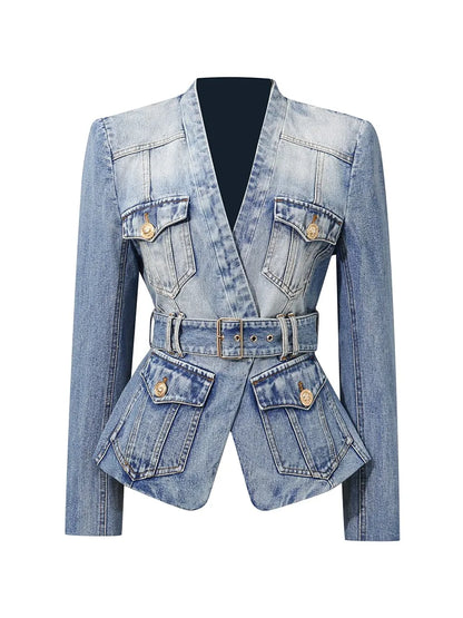 TWOTWINSTYLE Fashion Slimming Spliced Pockets Cowboy Jackets for Women V Neck Long Sleeve Tunic Patchwork Belt Jacket Female New