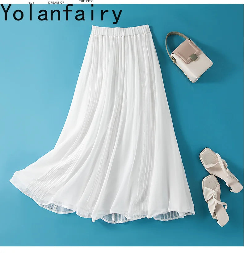 YOLANFAIRY 8mm 100% Real Mulberry Silk Skirts for Women 2026 Summer Solid Elastic Waist Skirt Woman Elegant Black Skirt Fashion