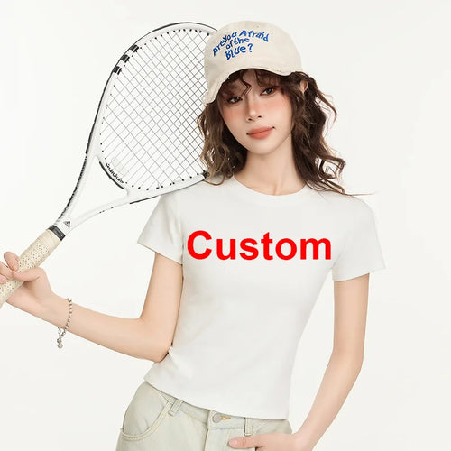 Custom LOGO DIY Women's Short Sleeve Solid Slim Fit Crew Neck Tee Basic Skinny Ribbed Tight Athletic Casual Workout Yoga Tshirt