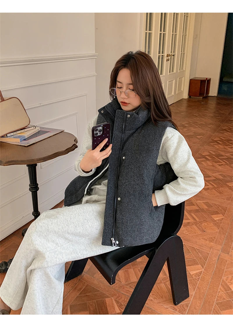 Short Down cotton Vest Women's 2025 Korean Fashion New Stand-up Sleeveless Zipper Student Vest Jacket Black Gray Waistcoat Tide