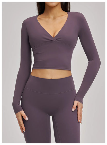 Deep-V Yoga Long Sleeve Solid Sports T-shirts Women's Gym Workout Shirts Sexy Quick Dry Fitness Long Sleeve Female Yoga Shirts
