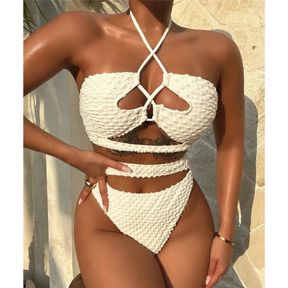 Halter Cut Out Wrinkled Female Swimsuit High Waist Bikini Women Swimwear Two-pieces Bikini set Bather Bathing Suit Swim V4978