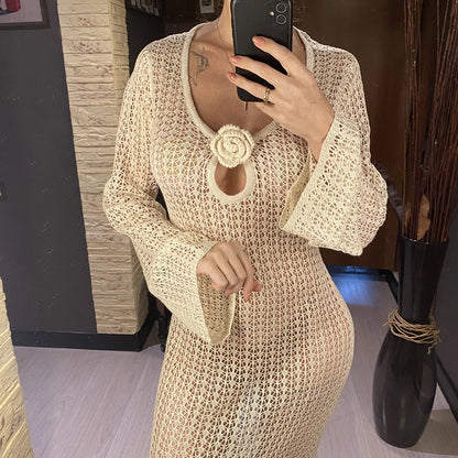 3D Flower V Neck Long Sleeve Crochet Knitted Tunic Beach Cover Up Cover-ups Beach Dress Beach Wear Beachwear Female Women V5852