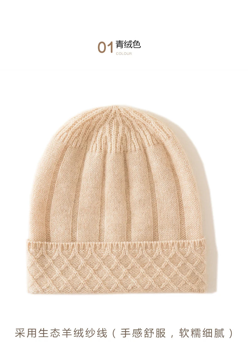 Thickened Outdoor Hat Autumn And Winter Men's And Women's Pullover 100%cashmere Hat With Groove Strip Casual And Warm Woolen Hat