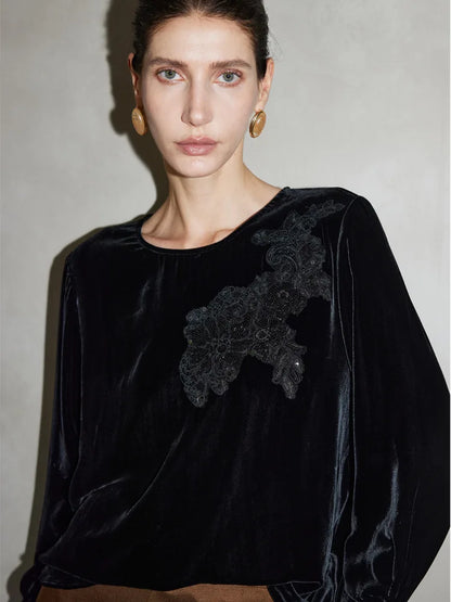 SuyaDream Women Black Blouses, 100%Silk Velour, Round Collar, Elegant Embriodery Velvet Shirts, 2026 Spring Summer Casual Top