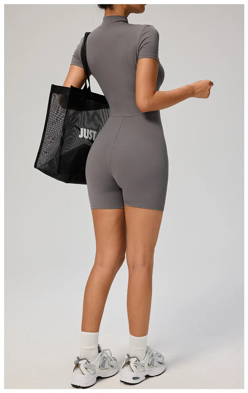 TRY TO BN Sports Jumpsuit Zipper Short Sleeves Yoga Sportswear Fitness Workout Bodysuit One Piece Suits Tights Gym Woman Clothes