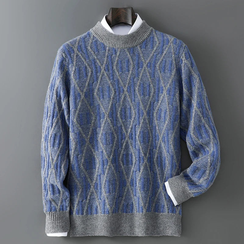 New 100% Pure Wool Cashmere Men's Mock-Neck Pullover Autumn And Winter Color Matching Top Casual Thick Fashion Large Size Jacket