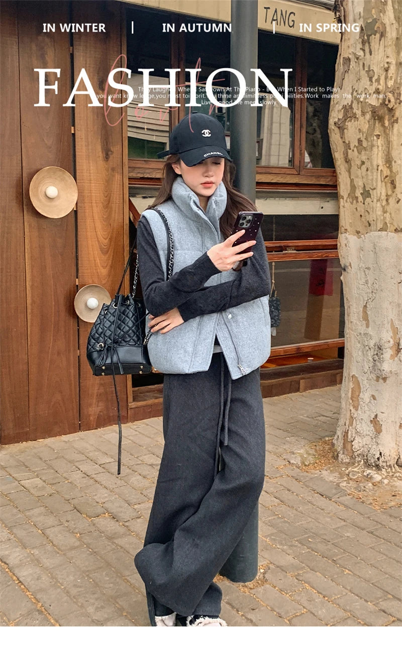 Short Down cotton Vest Women's 2025 Korean Fashion New Stand-up Sleeveless Zipper Student Vest Jacket Black Gray Waistcoat Tide
