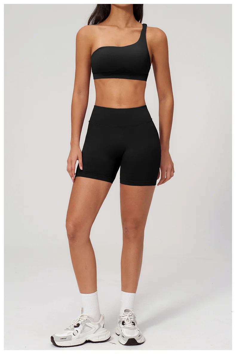 TRY TO BN Seamless Two Pieces Women's Tracksuit Yoga Shorts Set One-shoulder Hollow Backless Fitness Running Workout Gym Clothes
