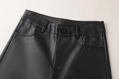 BIVIGAOS Fall Winter Fleece Loose Wide Leg Warm Leather Pants Women Button Pocket High Waist Thick PU Casual Straight Pants