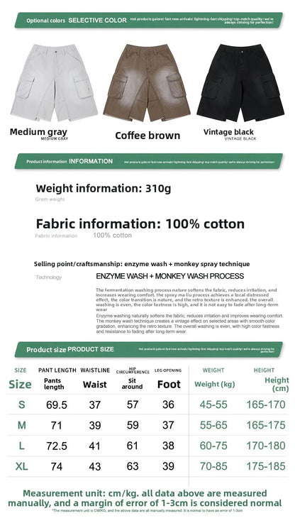 Custom LOGO men's 310G heavy 100% cotton summer American street multi-pocket retro washed old loose tooling seven-point shorts