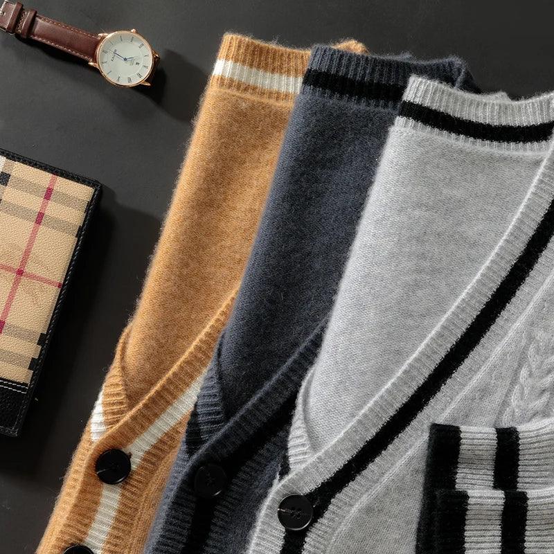 100% Merino Wool Color-Blocked Double Pocket Knit Cardigan Cashmere Soft Long Sleeves Basic Comfortable Men's  Clothing Top