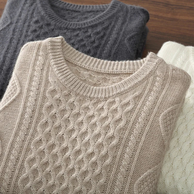Men's 100% Cashmere Sweater Round Neck Autumn Winter Warm Clothing Jacquard Checkered Pullover Sweater Knitted Bottom Shirt Tops
