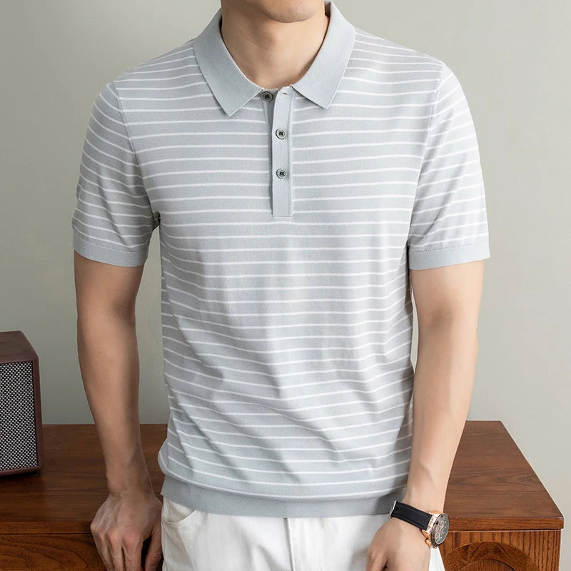 Men's Lyocell shirt summer new casual striped short sleeved T-shirt Polo collar breathable comfortable knitted pullover