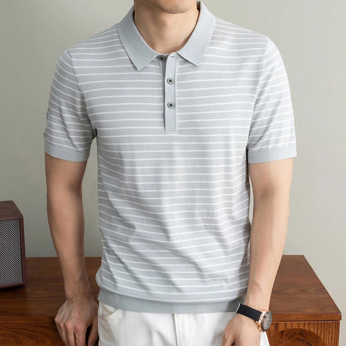 Men's Lyocell shirt summer new casual striped short sleeved T-shirt Polo collar breathable comfortable knitted pullover