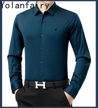 YOLANFAIRY 100% Mulberry Silk Long Sleeve Shirt Man Spring Autumn Casual Silk Mens Shirts Warm Male White Shirt chemises hommes